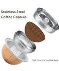 Illustration of Stainless Steel Reusable Vertuo Capsule For Vertuo Next with exploded view showing components for brewing sizes.