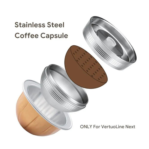 Illustration of Stainless Steel Reusable Vertuo Capsule For Vertuo Next with exploded view showing components for brewing sizes.