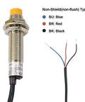 M12 Inductive Proximity Sensor Pack NPN NO Four Pack, 4mm Detection Distance, unshielded with brass nickel plated shell.