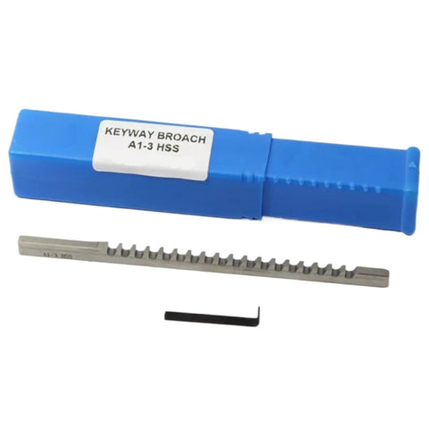 Push Type Keyway Broach 3Mm A1 Metric Pro Grade High Speed Steel Cutter For CNC Router And Metalworking Durable High Precision Keyway Tool With Arbor Fit For Standard Inch And Metric Sizes shown with packaging.