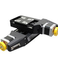 Rock Solid Precision Motorized Linear Translation Stage Featuring Electric Displacement Slide And Heavy Duty Stepper Actuator, compact black design with yellow motor.