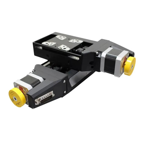 Rock Solid Precision Motorized Linear Translation Stage Featuring Electric Displacement Slide And Heavy Duty Stepper Actuator, compact black design with yellow motor.
