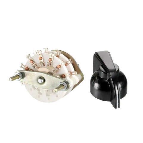 Two Pole Six Throw Rotary Switch Band Selector With Two Decks, 14 Pins, 10mm Mount Hole, 6mm Shaft, And Plastic Knob With Mounting Nut