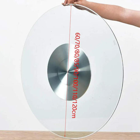 Kickass Heavy Duty Lazy Susan Turntable With Thick Tempered Glass Top And Stainless Steel Bearings for communal dining shows glass surface being held