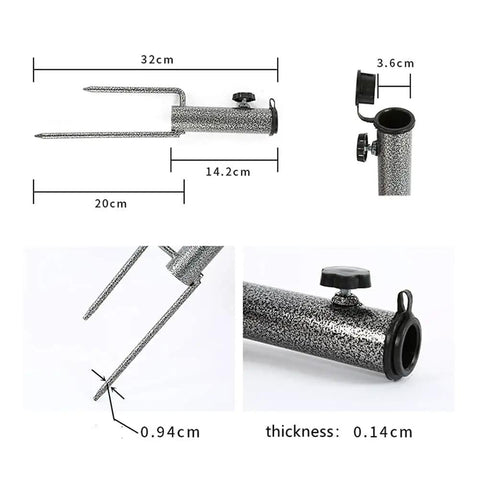 Dimensions and details of Two Pack Heavy Duty Patio Umbrella Anchor Stand With Forked Ground Screw Stakes, gray metal