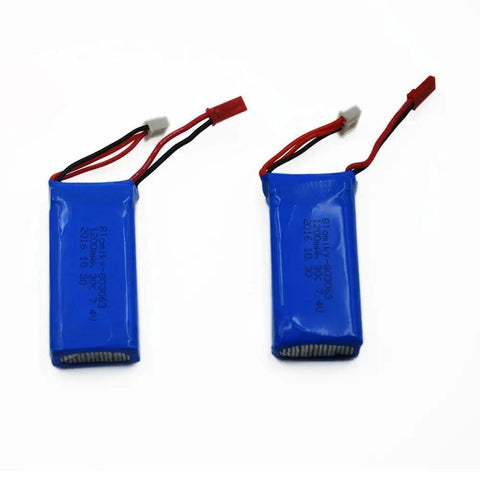 Two Pack 7.4V 1200mAh LiPo Battery Pack With JST Plug And USB Cable Replacement For UDIRC UD1601 UD1602 Pro Fisca Cheewing 1 By 16 Scale RC Trucks Helicopters Drones And Other 1 By 16 Scale RC Vehicles, shown with two blue batteries and JST plugs