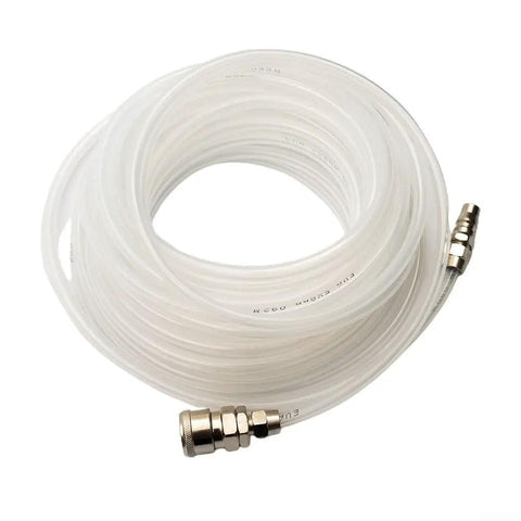 Heavy Duty Clear EVA Air Compressor Hose And 5X8mm Pneumatic Tubing coiled with Type C connectors for shop ventilation.