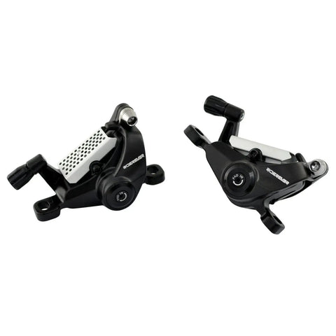 Heavy Duty Post Mount Dual Piston Mechanical Disc Brake Set With Rotors featuring black calipers for strong stopping power on bikes.