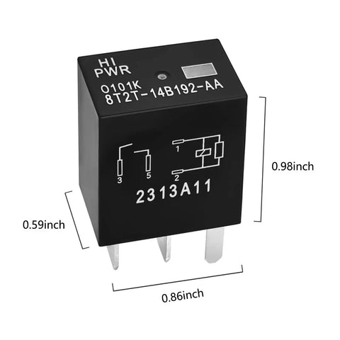 Two Pack 12V DC 4 Pin Automotive Relay 8T2T-14B192-AA OEM Replacement For Ford Vehicles, Plug-And-Play Ready, Durable, Easy Install, Beefy Power Relay For Car Wiring And Modules. Black 12V relay with 0.86x0.59x0.98 inch size markings.
