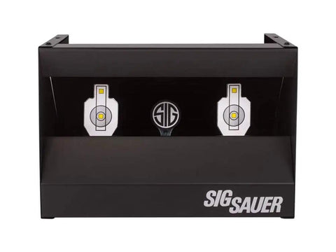 Dual Shooting Gallery Airgun Target with Knockdown Reset, all-metal pellet trap on black, front view showing Sig Sauer logo and center reset icon