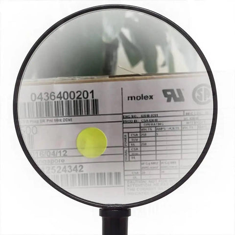Magnifying glass focusing on 436400201 label on 1500 Pcs Connectors Pack With 43640-0201 Housings, 43640-0201 Terminals, And Crimp Socket Headers