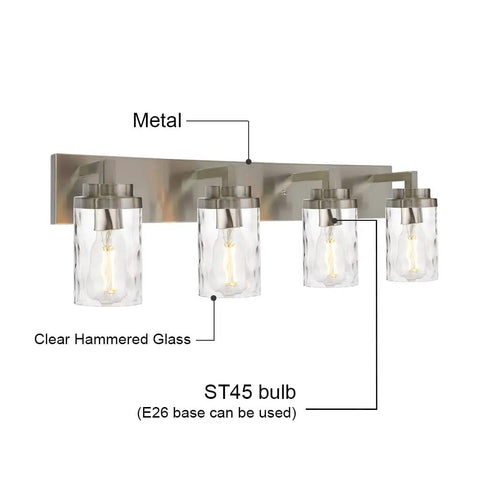 4-Light Vanity Light Fixture In Satin Nickel With Hammered Glass Shades, wall-mounted with bulbs, for indoor use.