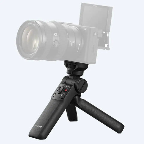 Wireless Bluetooth Shooting Grip And Tripod For Still Photos And Video Perfect For Vlogging Cable Free Remote Commander Dust And Moisture Resistant Flexible Tilt Quick Direction Changes GP VPT2BT supporting a camera