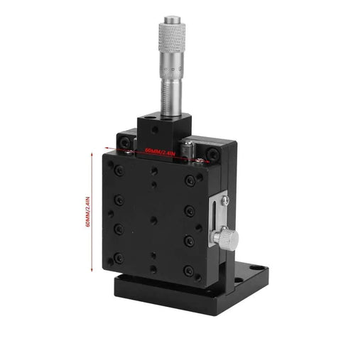 60x60mm Linear Stage XY Translation Stage With Single Linear Guide Sliding Track For Optical Waveguide Alignment And Core Adjustment Built To Last Aluminum Alloy Black Anodized Rock Solid Performance For Precision Packaging Systems shown in vertical position