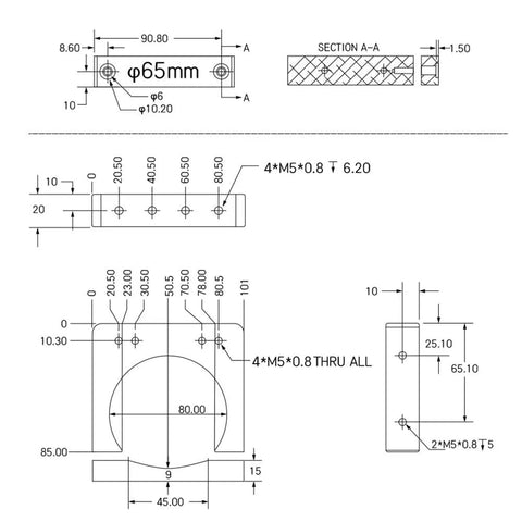 Two Pack CNC Engraving Spindle Mount Fixture For 80mm Motors Aluminum Alloy Support Base Bracket In Black Easy Install Durable 80mm Spindle Motor Clamp For CNC Routers And Engraving Machines. Technical drawing of 80mm spindle mount bracket with mounting hole measurements