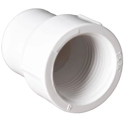 Close-up of a PVC reducer 1/2 to 3/4 inch coupling with threads, from the Ten Pack PVC Reducing Female To Female Threaded Couplings set for plumbing.