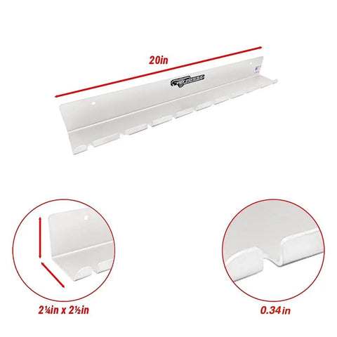 No Fuss Wall Mounted Air Tool Rack Organizer For Garage Shop Or Enclosed Trailer Holds 10 Pneumatic Wrenches And Guns With Slick Aluminum Build And Beefy USA Craftsmanship Silver, showing 20-inch aluminum rack with dimensions.