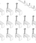 100 Pack 8mm Ethernet Cable Clips With Nails For Cat6 Cat7 Flat Cables White Durable UV Stabilized Plastic Cord Holders To Keep Cables Tidy No Mess For Home And Office Use visible with multiple clips and one installed.
