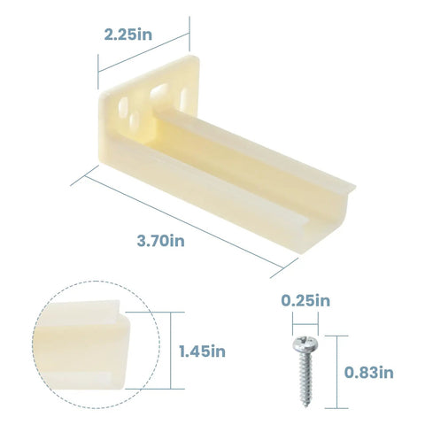 Kitchen Drawer Rail Bracket For Butter Smooth Gliding Rear Track Back Plate Heavy Duty Nylon Side Mount Swap White No Sweat Hardware Kit Solid Fit Drawer Upgrade with size dimensions shown.
