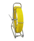 Fiberglass Fish Tape Reel For Duct Rodder 6mm By 350ft With Brake System And A Beefy Guide Ring displayed on a metal stand
