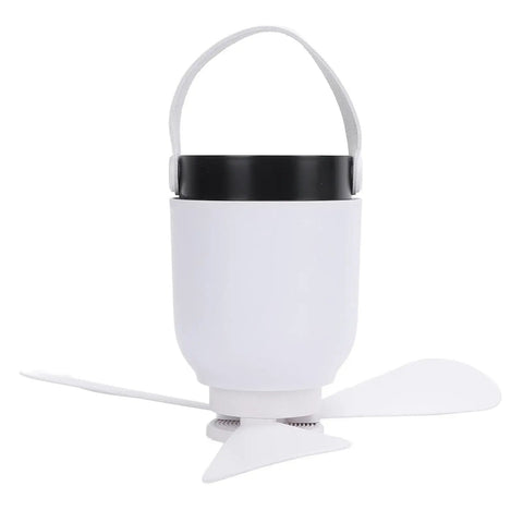 Dpofirs USB Rechargeable Ceiling Fan with LED Lamp, Remote Controlled, compact design with a white body and black top, portable handle.