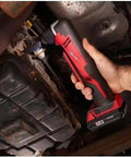 Heavy Duty Cordless Lithium Ion Right Angle Drill Compact High Torque Quick Disconnect Battery Power Tool in use under a vehicle.