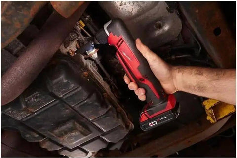 Heavy Duty Cordless Lithium Ion Right Angle Drill Compact High Torque Quick Disconnect Battery Power Tool in use under a vehicle.