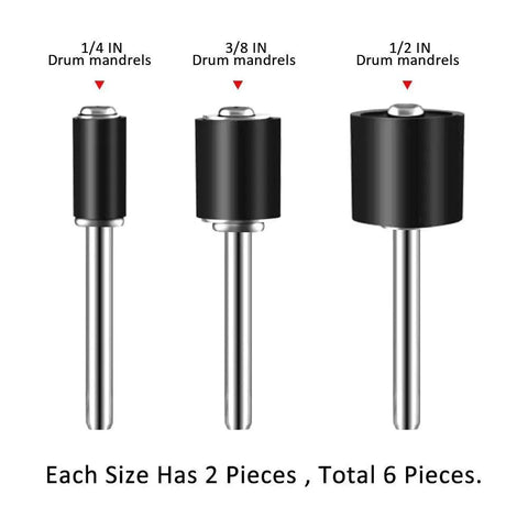 Superb 307 Piece Sanding Drum Kit With 80 To 240 Grit Abrasive Sleeves For Electric Mini Grinders showing 1/4 IN, 3/8 IN, and 1/2 IN drum mandrels.