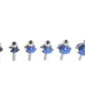 Knockout 6 Piece Round Over Router Bit Set With Tough 1/4 Inch Shank And Assorted Carbide Profiles To Square Away Fine Woodwork And Leave Edges Smoother Than Butter Daily, showing six carbide bits with varying profiles.