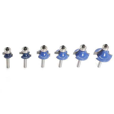 Knockout 6 Piece Round Over Router Bit Set With Tough 1/4 Inch Shank And Assorted Carbide Profiles To Square Away Fine Woodwork And Leave Edges Smoother Than Butter Daily, showing six carbide bits with varying profiles.