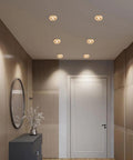 UWYTGF 5 Pack Style Led Recessed Lighting installed in a modern hallway with brass trim and soft lighting.