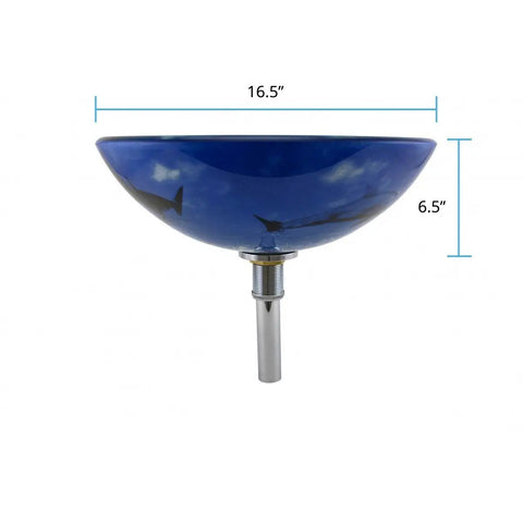 Sick Dope Blue Dolphin Tempered Glass Round Vessel Sink For Countertop Bathroom 16.5 Inch Blue Glass Bowl With Chrome Drain