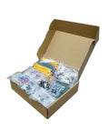Open box displaying Mega 1900 Piece Electronics Component Kit With Capacitors, Resistors, LEDs, Transistors, DC Jacks, PCBs And Opamps Ideal For Hobbyists, DIY Projects, Makers And Students.