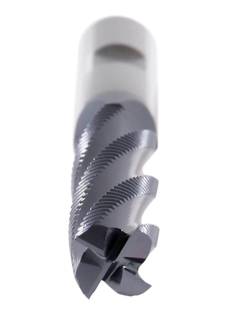Accusize 1/2 in roughing end mill, 4-flute, M42 cobalt TiAlN-coated, tip view