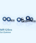 MR125RS 5x12x4 Mm ABEC-3 Blue Sealed 2RS Ball Bearings for hobby electric RC cars and trucks, arranged on blue background