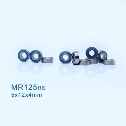 MR125RS 5x12x4 Mm ABEC-3 Blue Sealed 2RS Ball Bearings for hobby electric RC cars and trucks, arranged on blue background