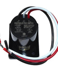 Close-up of Dusk To Dawn Sensor For Outdoor Lights 120V Photoelectric Switch Auto On Off Weatherproof UL Listed with exposed wires