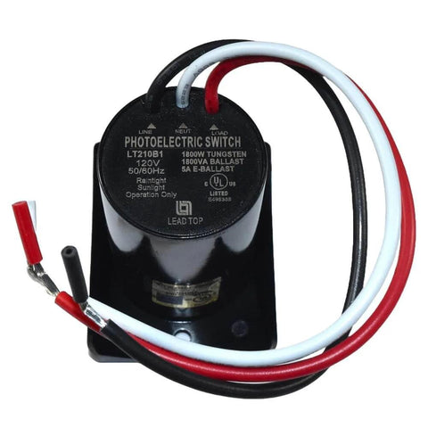 Close-up of Dusk To Dawn Sensor For Outdoor Lights 120V Photoelectric Switch Auto On Off Weatherproof UL Listed with exposed wires