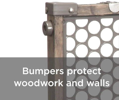 Adjustable Baby Gate For Doorways With Pressure Mount No Drill Setup Easy Tool Free Install Kid Friendly Pet Safe Gate Vintage Wood Gray bumper detail
