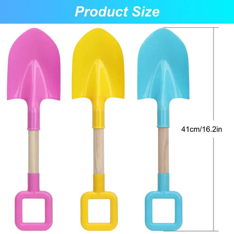 16 Inch Kids Beach Shovel Set Of 3 Durable Wood Handle ABS Plastic Sand Snow Garden Shovels, bright colorful design