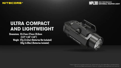 NPL30 Piston Rail Mount Light With Beefy 1200 Lumen Output Four CREE XP-G3 LEDs, side view showing compact design and dimensions.