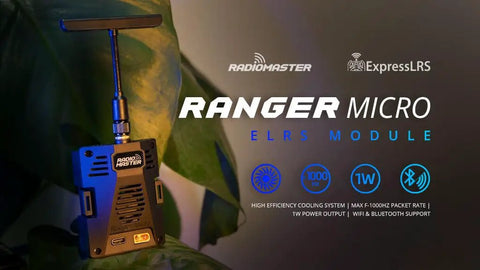 Ranger Micro 2.4GHz ELRS Module For TX16S TX12 MKII Radios With T-Shape Antenna, displayed with specifications on background