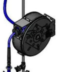 Rock Solid Pro Grade 30 Foot Wall Mounted Retractable Hose Reel Assembly With Closed Spring Loaded Mechanism For Commercial Kitchens And Serious Shop Cleanups, showcasing the black reel and blue hose.