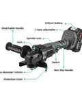 125 Mm Brushless Angle Grinder With Variable Speed Control Rip Right Through Materials With Knockout Polishing Performance Tough As Nails Workhorse For Wood Metal Drywall Renovation Builds Includes Uk Power Adapter label showing features like lithium battery, spindle lock, and adjustable 3 gear.