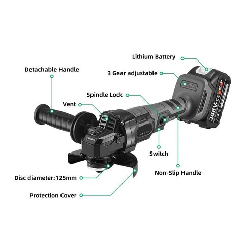 125 Mm Brushless Angle Grinder With Variable Speed Control Rip Right Through Materials With Knockout Polishing Performance Tough As Nails Workhorse For Wood Metal Drywall Renovation Builds Includes Uk Power Adapter label showing features like lithium battery, spindle lock, and adjustable 3 gear.