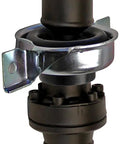 Close-up of Brand New Rear Driveshaft Assembly Two Piece With Center Support Bearing showing the center support and mounting detail.