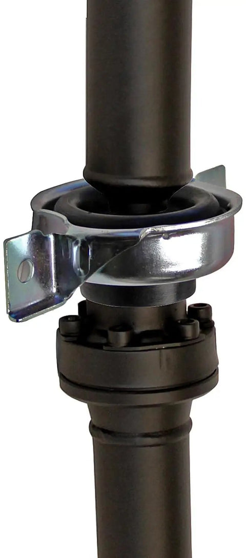 Close-up of Brand New Rear Driveshaft Assembly Two Piece With Center Support Bearing showing the center support and mounting detail.