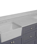 Close-up of 72 Inch Farmhouse Double Bathroom Vanity In Marine Gray Featuring Thick Engineered Marble Top And White Apron Sinks.