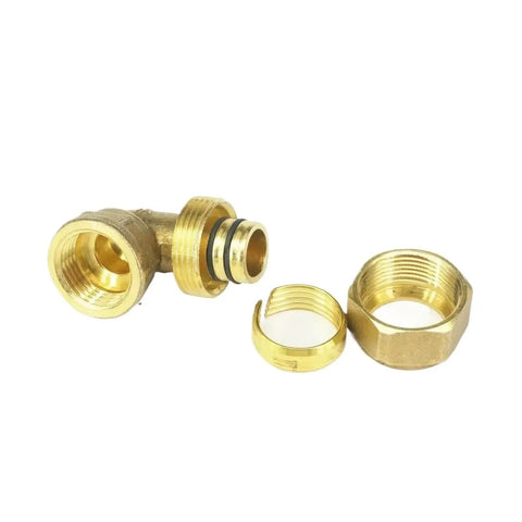 Top Tier Brass Elbow Pipe Fitting Kit for Pex Al Pex Tubing, showing 90-degree elbow and connectors for plumbing systems.