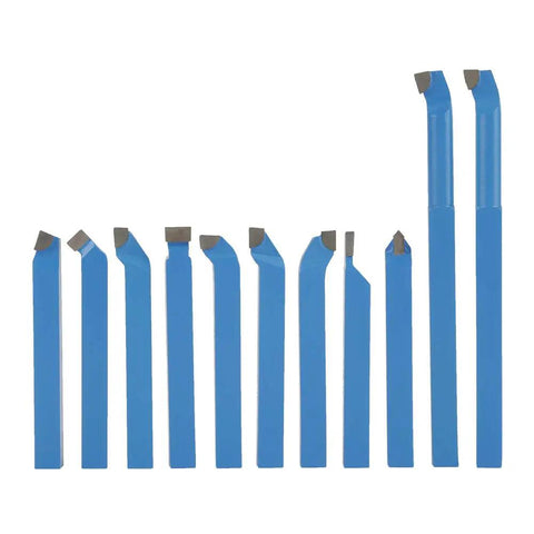 Carbide Lathe Tool Kit 11 Piece With 8x8mm Square Shank For Turning Grooving And Metal Cutting In Workshop Machining Ideal For Pros Durable Carbon Steel And Cemented Carbide Bits For Long Lasting Precision In Heavy Duty Lathe Work. 11-piece blue lathe tools
